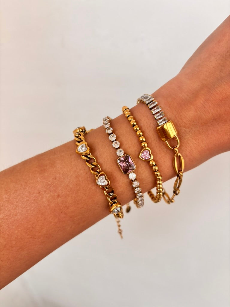 Bracelet tennis Élise doré en acier inoxydable avec pierre rose